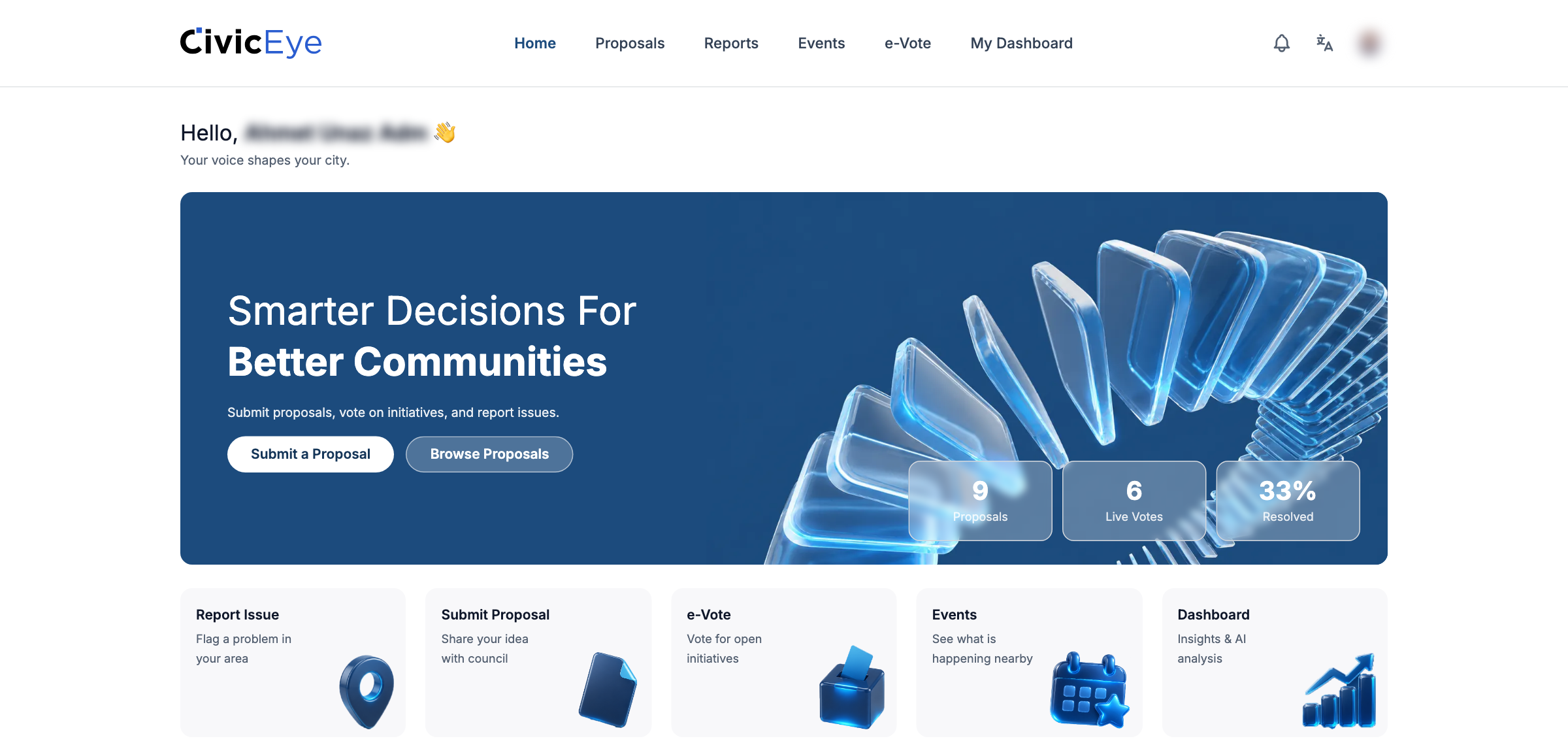 Civic Eye citizen portal home with participation figures and quick actions to report an issue, submit a proposal, vote and find events